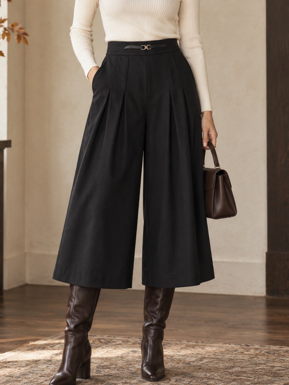 Massimo Dutti Black US 4 Wool Blend Wide Leg Cropped Culotte Gaucho Pants